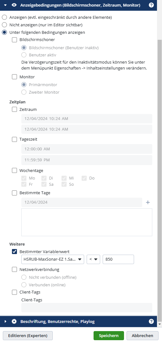Anzeigebedingungen festlegen